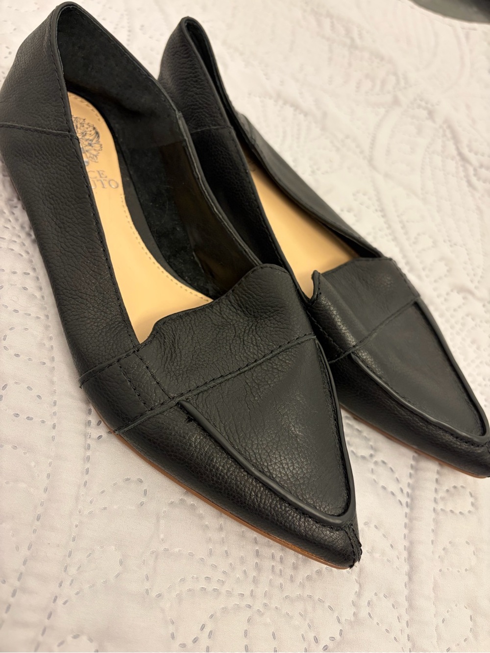 Women's Black Leather Slip-On Flats with Low Wood-Tone Heel- size 6